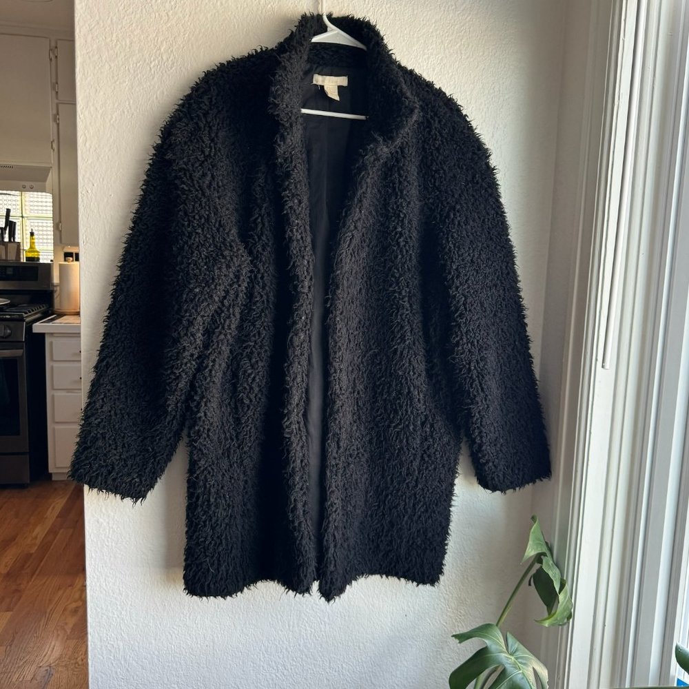 H&M Black Teddy Bear Jacket Coat Mid Length Faux Fur Cozy Fall Winter